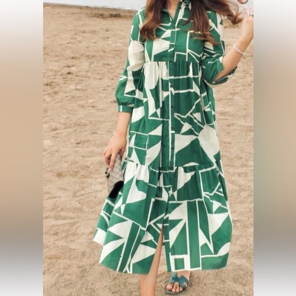 New! Zara small green combo geometric print front button ruffled hem dress. - Picture 1 of 14
